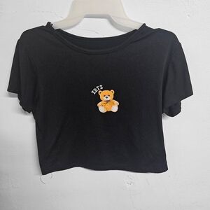 Black Crop Top with Teddy Bear Design